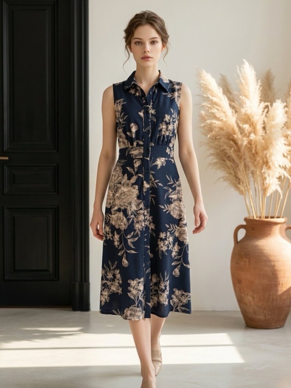 NWT Calvin Klein Navy Floral Belted Midi Shirt Dress 4